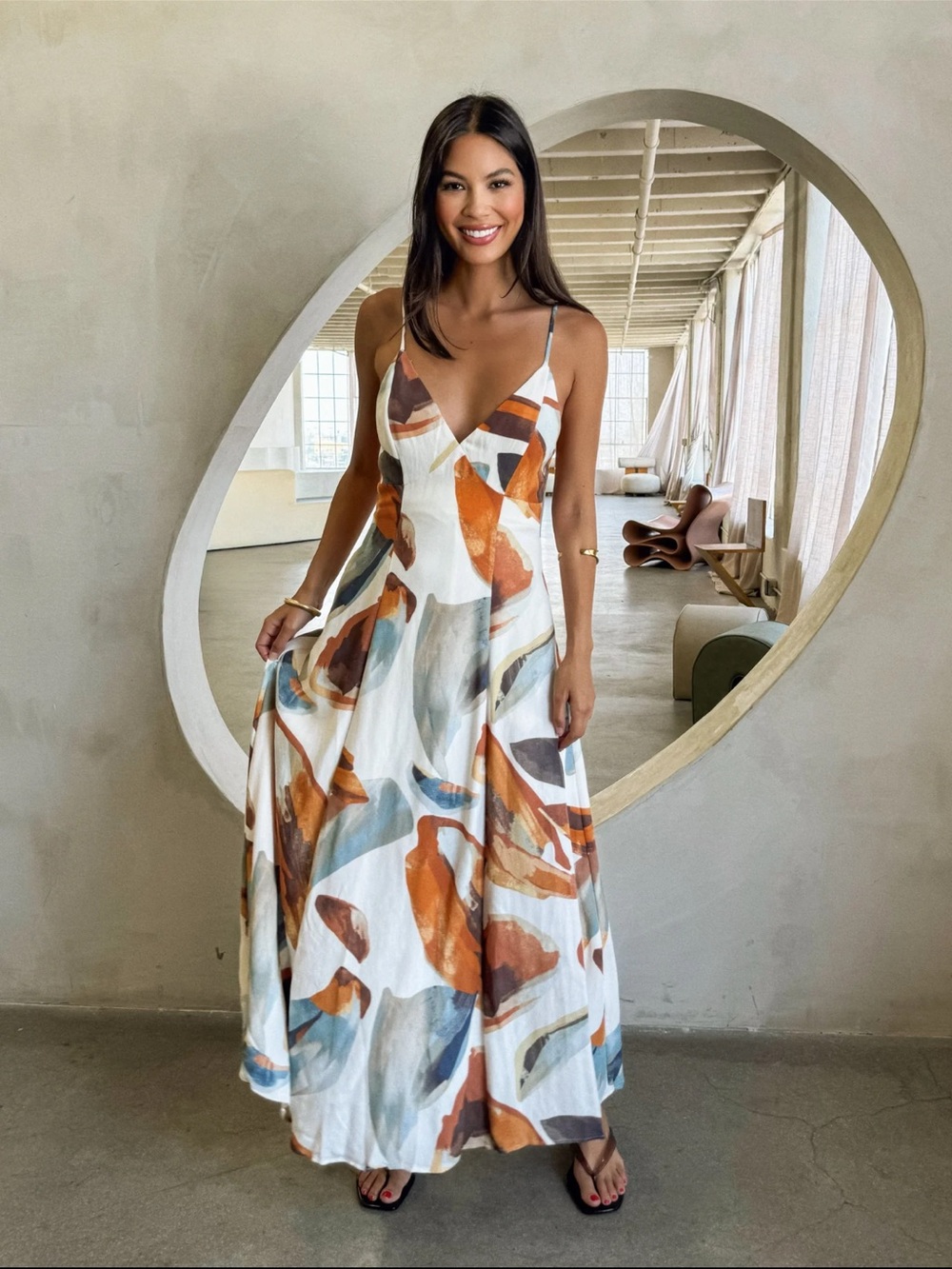 NWT Stitch & Feather Abstract Watercolor V-Neck Maxi Dress - White Multi